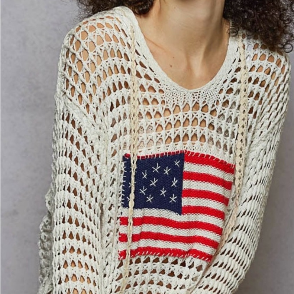 Cream Knit Sweater with American Flag Design